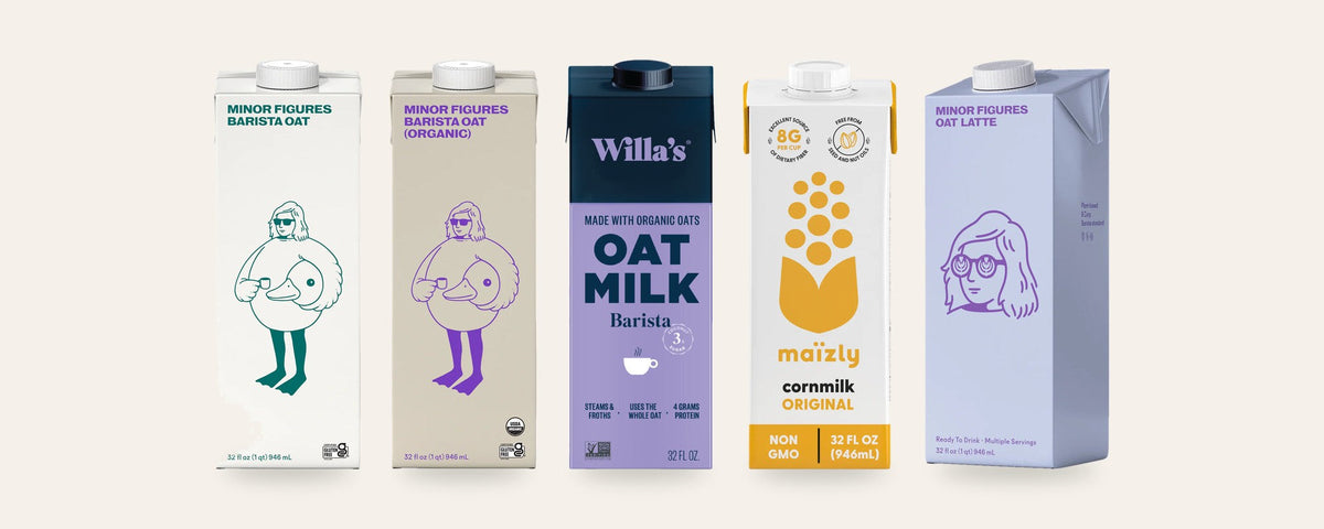 Barista oat milks and corn milk: Minor Figures, Willa's and Maïzly 32 oz cartons