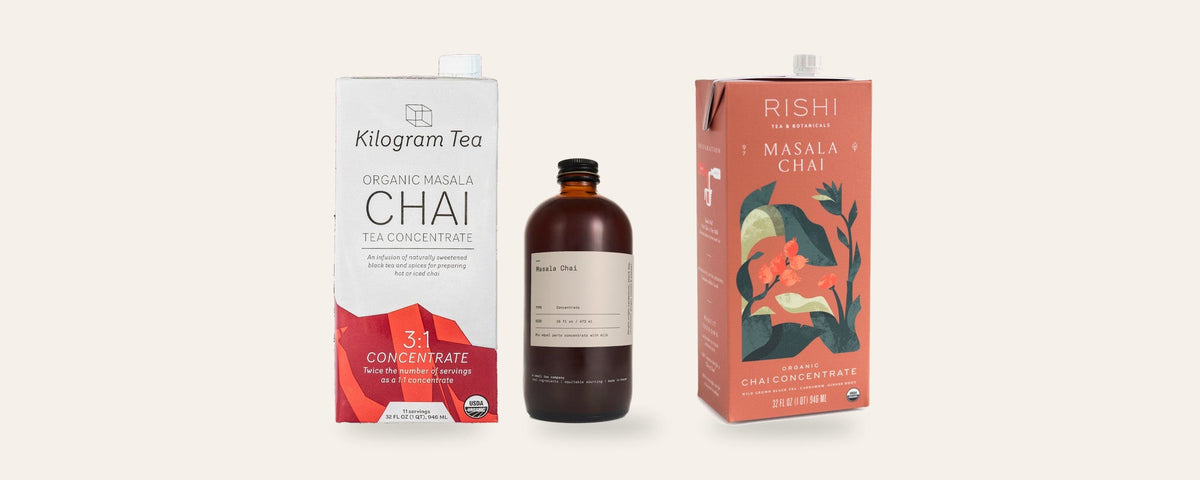 Chai concentrates: Kilogram 3:1 carton, Dona masala chai bottle and Rishi masala chai carton