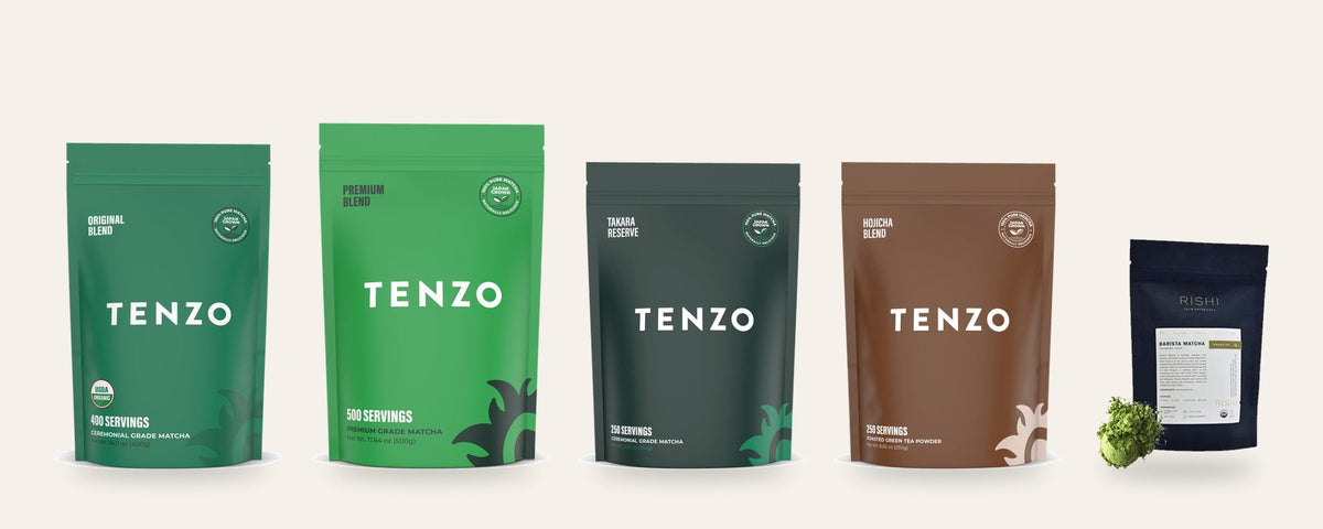 Tenzo Original, Premium, Takara Reserve and Hojicha bags with Rishi barista matcha