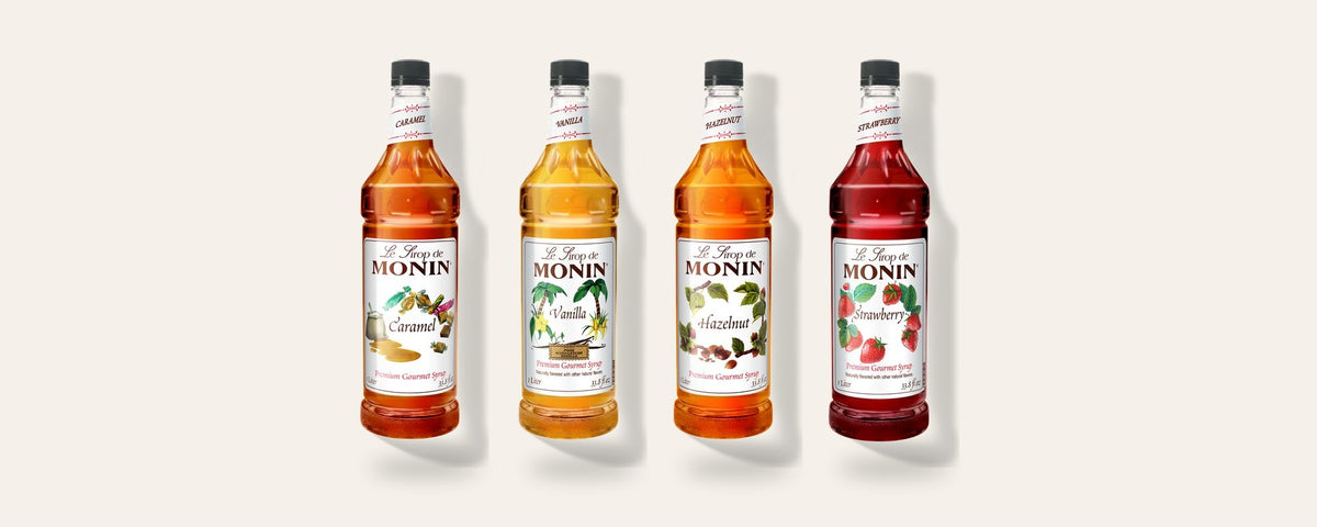Monin 1 liter syrups: caramel, vanilla, hazelnut, lavender and strawberry