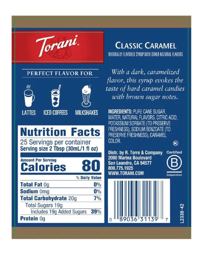 Torani Classic Caramel Syrup - Case of 4 Bottles (750 mL)