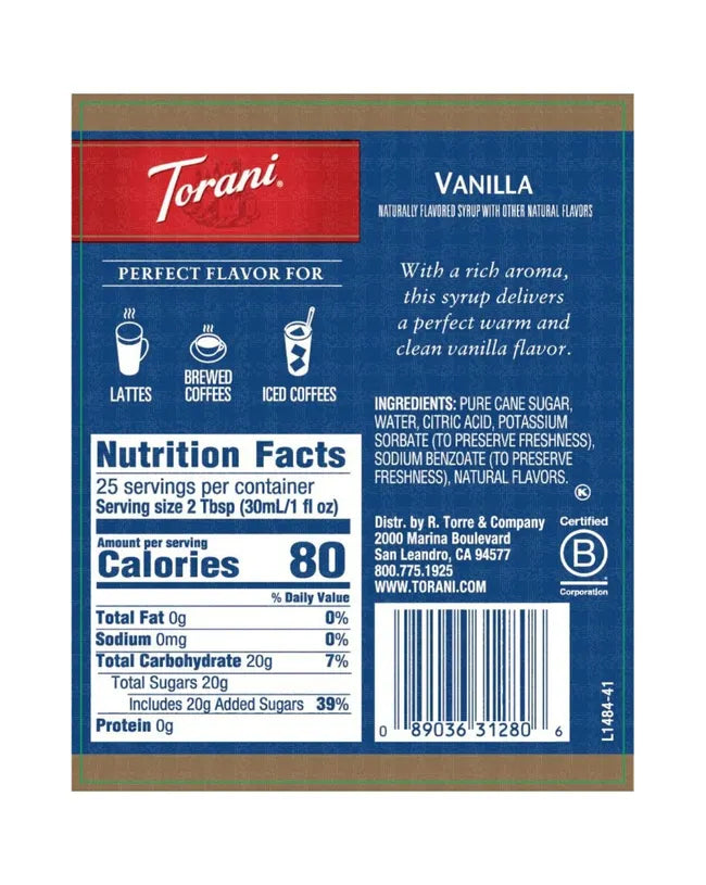 Torani Vanilla Syrup - Case of 4 Bottles (750 mL)
